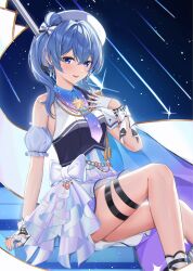 1girl absurdres beret blue_eyes blue_hair blue_nails bow breasts brooch dress earrings epaulettes fingerless_gloves flag glint gloves hat highres holding holding_flag hololive hoshimachi_suisei hoshimachi_suisei_(old_design)_(dress-up_ver.) jewelry looking_at_viewer necktie night night_sky one_side_up shooting_star single_epaulette sitting sky small_breasts solo sparkle star_(sky) star_(symbol) star_in_eye starry_sky symbol_in_eye thigh_strap thighs tokiyanagi virtual_youtuber white_bow white_dress white_gloves white_hat