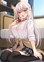 Rule 34 | 1girl, bed, black ribbon, black thighhighs, blue sky, blush, bow, bra, bra peek, bra visible through clothes, breasts, brown cardigan, butterfly hair ornament, cardigan, cardigan around waist, chestnut mouth, cleavage, clothes around waist, collared shirt, commentary request, curtains, day, diagonal-striped bow, dress shirt, etna (kuzuyu), grey skirt, hair ornament, hair ribbon, highres, indoors, komori kuzuyu, long hair, looking at viewer, medium breasts, on floor, one side up, open mouth, original, pink bra, plaid clothes, plaid skirt, pleated skirt, red bow, red eyes, ribbon, school uniform, shirt, sitting, skirt, sky, solo, thighhighs, underwear, very long hair, wariza, white hair, white shirt, window