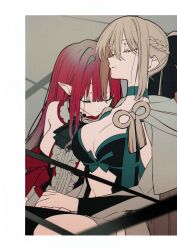 2girls absurdres baobhan_sith_(fate) baobhan_sith_(first_ascension)_(fate) black_dress blue_choker breasts choker closed_eyes detached_sleeves dress fate/grand_order fate_(series) frilled_dress frills hair_ribbon highres long_hair mochizuki_kei morgan_le_fay_(fate) mother_and_daughter multiple_girls navel non-web_source pink_hair pointy_ears red_dress ribbon scan sidelocks white_hair white_hood