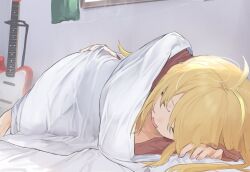 1girl blonde_hair breasts cleavage futon guitar instrument pocche-ex tagme tsurumaki_maki voiceroid