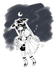 1boy 1girl absurdres anklet bloomers blunt_ends bodysuit cape carrying closed_mouth crescent_moon dress full_body genshin_impact greyscale hat highres japanese_clothes jewelry jingasa kimono leg_warmers leggings long_hair looking_at_another mandarin_collar monochrome moon nahida_(genshin_impact) night night_sky oishii_sasa outdoors pointy_ears princess_carry sandals scaramouche_(genshin_impact) shorts side_ponytail sidelocks sky sleeping socks star_(sky) starry_sky stirrup_footwear tsurime underwear wanderer_(genshin_impact) wispy_bangs zouri zzz