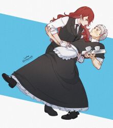 Rule 34 | 1boy, 1girl, apron, bandaid, bandaid on face, bandaid on forehead, black dress, black necktie, black shoes, black vest, blush, collared shirt, commentary, crossdressing, crossdressing (ftm), crossdressing (mtf), dress, drill hair, drill sidelocks, english commentary, frills, full body, gloves, grey hair, hand on another&#039;s arm, hand on another&#039;s waist, highres, holding, holding plate, kirijou mitsuru, leaning back, leaning forward, long hair, looking at another, maid, maid apron, maid headdress, necktie, parted lips, persona, persona 3, plate, red eyes, red hair, sanada akihiko, shirt, shoes, short hair, short sleeves, sidelocks, single sidelock, sleeves rolled up, soc nau, standing, standing on one leg, sweatdrop, twitter username, vest, waist apron, white apron, white gloves, white shirt