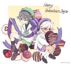 Rule 34 | 2boys, aged down, alhaitham (genshin impact), antenna hair, beret, black footwear, black shirt, black socks, black undershirt, boots, border, bow, brown footwear, cake, cake slice, candy, cherry, chocolate, chocolate-covered food, chocolate heart, chocolate strawberry, closed mouth, commentary request, cupcake, cyno (genshin impact), dark-skinned male, dark skin, expressionless, eyes visible through hair, food, fruit, genshin impact, green eyes, green headwear, green neckerchief, green shorts, grey hair, hair between eyes, hair over one eye, hand up, happy valentine, hat, headphones, heart, holding, holding food, kneehighs, korean commentary, long hair, long sleeves, looking at viewer, male focus, multiple boys, neckerchief, outside border, parted bangs, purple bow, purple headwear, purple ribbon, purple shorts, red eyes, resso (resso oo), ribbon, sailor collar, sailor shirt, shirt, shoes, short hair, short shorts, shorts, sidelocks, simple background, socks, strawberry, truffle, undershirt, white border, white hair, white sailor collar, white shirt, white socks, yellow background