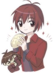 1boy antenna_hair bread brown_eyes brown_hair chibi chibi_inset commentary_request di_gi_charat di_gi_charat_(1999) di_gi_charat_nyo! food hair_between_eyes holding holding_food jacket long_sleeves looking_at_viewer male_focus melon_bread minagawa_takurou notice_lines open_clothes open_jacket pepeppepe101 red_jacket short_hair simple_background sketch smile solo sparkle white_background