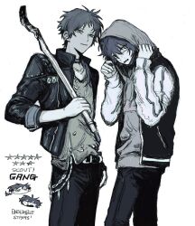 Rule 34 | 2boys, arm up, bags under eyes, belt, black jacket, chain, chibi, choker, closed mouth, collared shirt, covering head, crowbar, earrings, english text, ensemble stars!, fushimi yuzuru, gang (ensemble stars!), grin, hair between eyes, head down, heterochromia, highres, holding, holding crowbar, holding weapon, hood, hood up, hoodie, hunched over, jacket, jewelry, kagehira mika, letterman jacket, long hair, long sleeves, looking at viewer, male focus, messy hair, mole, mole under eye, monochrome, multiple boys, necklace, open clothes, open jacket, pants, radioden, rattail, shirt, short bangs, short hair, simple background, sleeves past wrists, sleeves rolled up, smile, solo, star (symbol), studded choker, studded jacket, sweat, weapon, white background, wide-eyed
