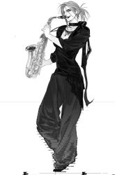 Rule 34 | 1girl, alien stage, alternate costume, back bow, baggy pants, bow, commentary, corrupted twitter file, earrings, full body, greyscale, hair bun, hashtag-only commentary, highres, holding, holding instrument, holding saxophone, hoop earrings, hyuna (alien stage), instrument, jewelry, monochrome, necklace, open mouth, pants, saxophone, shirt, solo, wjdezhrgaznltnf