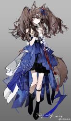 Rule 34 | 1girl, absurdres, angelina (ambience synesthesia 2025) (arknights), angelina (arknights), animal ear fluff, animal ears, arknights, bare shoulders, belt, black choker, black socks, blue dress, blush, breasts, brown hair, buqiyong, chinese commentary, choker, commentary request, dress, english text, fox ears, fox girl, fox tail, full body, gradient background, grey background, hand up, high belt, highres, kneehighs, long hair, messy hair, official alternate costume, orange eyes, sleeveless, sleeveless dress, small breasts, smile, socks, solo, strap, tail, tassel, twintails, weibo username
