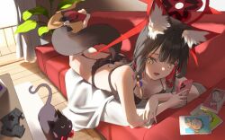 1girl :d animal_ear_fluff animal_ears ass backlighting barefoot black_bra black_cat black_hair black_panties blue_archive blunt_bangs bow bowtie bra breasts cat cellphone character_print cleavage colored_inner_hair commentary couch crossed_arms day doodle_sensei_(blue_archive) eyeshadow feet_up foreshortening fox_ears fox_girl fox_tail full_body hair_over_shoulder halo highres holding holding_phone indoors large_breasts light_rays light_smile looking_at_animal looking_to_the_side lying makeup multicolored_hair on_couch on_stomach open_mouth panties phone photo_(object) red_bow red_bowtie red_eyeshadow red_hair red_halo sensei_(blue_archive) sidelocks smartphone smile solo sunbeam sunlight symbol-only_commentary tail tail_bow tail_ornament tail_raised the_pose underwear underwear_only vam_(js_vam) wakamo_(blue_archive) wooden_floor yellow_bow yellow_eyes
