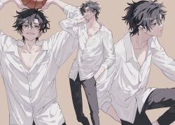 1boy antenna_hair arms_up ball basketball black_eyes black_hair black_pants brown_background buttons cheng_xiaoshi closed_mouth collarbone collared_shirt cowboy_shot dress_shirt grin hair_between_eyes hand_in_pocket hand_on_own_face holding holding_ball long_sleeves looking_at_viewer looking_to_the_side male_focus multiple_views open_collar pants parted_lips partially_unbuttoned pocket profile shiguang_dailiren shirt short_hair simple_background sitting smile socks standing twitter_username ugonba_(howatoro) white_shirt