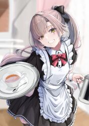 Rule 34 | 1girl, absurdres, alternate costume, alternate hairstyle, apron, black bow, black dress, black nails, black thighhighs, blurry, blurry background, bow, bowtie, brown hair, cup, dress, enmaided, girls&#039; frontline, girls&#039; frontline 2: exilium, hair bow, highres, holding, leva (girls&#039; frontline 2), long hair, looking at viewer, maid, open mouth, ponytail, red bow, red bowtie, satsumaagee, saucer, scar, scar across eye, scar on face, skindentation, smile, solo, spoon, teacup, thighhighs, tray, ump45 (girls&#039; frontline), white apron, white mouth, yellow eyes