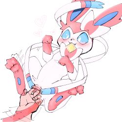1girl :3 absurdres afterimage animal_focus animal_pussy animal_sexualization bestiality blue_sclera blush bow bowtie canine_pussy closed_mouth colored_sclera condom condom_in_mouth condom_wrapper disembodied_hand fangs female_focus fingering full_body gen_6_pokemon hair_bow hands_up happy heart highres legs_up looking_down lying motion_lines mouth_hold nintendo on_back pawpads pink_bow pink_bowtie pokemon pokemon_(creature) pussy red_leopard ribbon simple_background smile solo_focus spread_legs spread_pussy spreading_another&#039;s_pussy sylveon tail tail_wagging vaginal white_background white_eyes white_ribbon