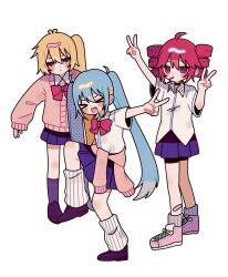 Rule 34 | &gt; &lt;, 3girls, :d, ahoge, akita neru, black choker, black shoes, blonde hair, blue hair, blue nails, blue skirt, blue socks, bow, bowtie, brown shoes, cardigan, cardigan around waist, choker, clothes around waist, double-parted bangs, double v, dress shirt, drill hair, fang, fingernails, grey socks, hatsune miku, high school girls posing for google street view (meme), highres, kasane teto, leg up, long hair, meme, miniskirt, multiple girls, okayu (cwtv7823), open mouth, pink cardigan, pink shoes, red bow, red bowtie, red eyes, red hair, ribbed socks, school uniform, shirt, shoes, short hair, short sleeves, side ponytail, skirt, smile, socks, triple baka (vocaloid), triple ryuunen, twin drills, twintails, utau, v, very long hair, vocaloid, white background, white shirt, white socks, xd, yellow eyes