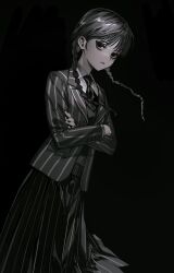 Rule 34 | 1girl, absurdres, addams family, albino (a1b1n0623), black necktie, braid, closed mouth, collared shirt, eyelashes, eyeshadow, highres, jacket, long sleeves, looking at viewer, makeup, monochrome, necktie, pleated skirt, shirt, skirt, solo, striped clothes, striped jacket, twin braids, wednesday addams