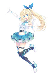 Rule 34 | 1girl, :d, bare shoulders, black socks, blonde hair, blue eyes, blue flower, blue skirt, breasts, commentary request, crop top, double-parted bangs, earrings, elbow gloves, flower, full body, gloves, highres, jewelry, kei (keigarou), kneehighs, large breasts, leg up, long hair, miniskirt, mirai akari, mirai akari project, navel, official art, open mouth, ponytail, shirt, shoes, simple background, skirt, sleeveless, sleeveless shirt, smile, socks, solo, teeth, upper teeth only, virtual youtuber, white background, white gloves, white shirt, white shoes, winged footwear