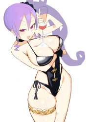 1girl bare_shoulders black_one-piece_swimsuit blush breasts cleavage earrings fate/grand_order fate_(series) hair_between_eyes hair_ornament hair_scrunchie highleg highleg_one-piece_swimsuit highres jewelry large_breasts long_hair looking_at_viewer lotion lotion_bottle one-piece_swimsuit open_mouth pouring pouring_onto_self purple_eyes purple_hair scrunchie side_ponytail sidelocks smile solo swimsuit thighlet thighs user_fkzw8222 very_long_hair wrist_scrunchie wu_zetian_(fate) wu_zetian_(swimsuit_caster)_(fate) wu_zetian_(swimsuit_caster)_(first_ascension)_(fate)