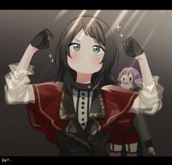 2girls :3 absurdres amoris_(bang_dream!) bang_dream! bang_dream!_it&#039;s_mygo!!!!! black_gloves black_hair black_vest blue_eyes blush capelet commentary garter_straps gloves gradient_hair hanetsuka highres letterboxed long_sleeves medium_hair multicolored_hair multiple_girls no_mouth purple_hair red_capelet red_shorts red_thighhighs short_hair shorts sparkle symbol-only_commentary thighhighs timoris_(bang_dream!) vest yahata_umiri yuutenji_nyamu
