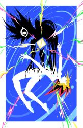 Rule 34 | 2boys, black hair, blonde hair, blue background, border, c y b e r 000, closed eyes, colored bangs, dual persona, eye of horus, facial mark, facial tattoo, floating, glowing, glowing eye, highres, jewelry, male focus, millennium puzzle, multicolored hair, multiple boys, muto yugi, red hair, shadow, silhouette, spiked hair, tattoo, white border, yami yugi, yin yang, yu-gi-oh!, yu-gi-oh! duel monsters