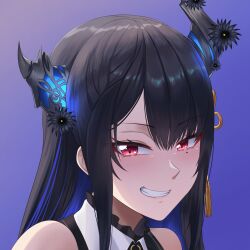 1girl absurdres asymmetrical_horns bare_shoulders black_hair blue_background blue_hair close-up demon_horns drunktatsu grin hair_ornament highres hololive hololive_english horns looking_at_viewer mole mole_under_eye multicolored_hair nerissa_ravencroft nerissa_ravencroft_(1st_costume) portrait red_eyes slit_pupils smile solo straight_hair tassel tassel_hair_ornament teeth two-tone_hair uneven_horns virtual_youtuber