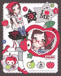 1girl apple bag black_skirt blue_arm_warmers blush border brown_hair buttons english_text fashion food food-themed_bag fruit glasses green_eyes handbag highres holding holding_bag leg_up long_hair monkey multiple_views mxx025 original polka_dot polka_dot_background polka_dot_pantyhose red-framed_eyewear red_ribbon red_shoes ribbon shirt shoes skirt socks standing standing_on_one_leg white_shirt white_socks wings