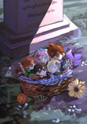 aubrey_(faraway)_(omori) aubrey_(omori) ball basil_(faraway)_(omori) basil_(omori) basket basketball_(object) character_doll commentary_request doll flower fumo_(doll) hero_(faraway)_(omori) hero_(omori) highres kel_(faraway)_(omori) kel_(omori) no_humans omori outdoors shakomori_w sunflower sunny_(omori) tombstone