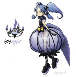 1girl black_footwear black_shirt black_socks blue_hair chandelure closed_mouth commentary curly_sidelocks full_body gen_5_pokemon long_hair looking_at_viewer nintendo pokemon pokemon_(creature) purple_skirt reference_inset see-through_clothes see-through_skirt shirt sidelocks simple_background skirt socks solo tamtamdi translated twintails white_background yellow_eyes