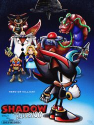 1girl alien artificial_chaos bald biolizard black_doom blonde_hair blue_background blue_footwear chaos_drive_(sonic) chaotix99x emerl_(sonic) facial_hair gerald_robotnik gradient_background grandfather_and_granddaughter highres horns looking_at_viewer maria_robotnik mustache own_hands_together parody robot shadow_the_hedgehog shadow_the_hedgehog_(game) sonic_(series) sonic_adventure_2 sonic_battle sonic_the_hedgehog_(classic) space_colony_ark standing style_parody