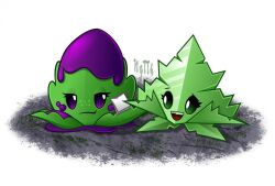 Rule 34 | :d, ali-mint, artist name, closed mouth, commentary, english commentary, eye contact, green eyes, holding tissue, looking at another, ngtth, no eyebrows, no humans, official style, open mouth, plant, plant focus, plants vs. zombies, plants vs. zombies 2, poison, purple eyes, raised eyebrow, shadow, simple background, smile, smirk, solid oval eyes, spear-mint, teeth, tongue, upper teeth only, white background, wiping face