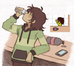 1other alternate_skin_color blush brown_hair cellphone closed_eyes cup deltarune drinking green_hoodie highres holding holding_cup hood hoodie kris_(deltarune) long_sleeves other_focus phone szivarvanyturmix02