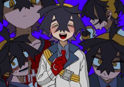 1boy black_hair blue_shirt blush closed_eyes closed_mouth collared_shirt crossed_bangs gloves hair_between_eyes hairband highres jacket kieran_(pokemon) long_sleeves male_focus mole mole_on_neck multicolored_hair multiple_views nintendo open_mouth partially_fingerless_gloves pokemon pokemon_sv purple_background purple_hair red_gloves red_tank_top shaded_face shirt simple_background sweat tank_top upper_body white_jacket yellow_hairband yyyy_ka