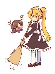 &gt;_&lt; 2girls ahoge alternate_costume black_shoes blonde_hair blush broom brown_eyes brown_hair chibi closed_eyes corrupted_twitter_file earrings enmaided green_(pokemon) heart heart_in_mouth high_heels highres holding holding_broom jewelry long_hair looking_at_viewer maid maid_headdress multiple_girls nintendo open_mouth pantyhose pokemon pokemon_adventures ponytail shoes smile sofo_soup spoken_heart white_pantyhose yellow_(pokemon) yuri