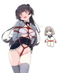 Rule 34 | 2girls, bdsm, black hair, bondage, bound, bra, crotch rope, highres, idolmaster, idolmaster shiny colors, long hair, mayuzumi fuyuko, multiple girls, navel, no panties, pubic hair, rope, underwear, white bra, yd (orange maru)