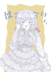 Rule 34 | 1girl, arm at side, artist name, assault lily, blue eyes, blush, bow, bowtie, braid, breasts, buttons, center frills, commentary, cowboy shot, dress, frilled bow, frilled dress, frilled shirt, frills, fumi (fumifumi3axl), grey bow, grey bowtie, grey dress, grey hair, hair bow, half up braid, hand up, heterochromia, highres, long sleeves, looking at viewer, medium breasts, open mouth, plaid bow, plaid bowtie, plaid clothes, plaid dress, red bow, red eyes, shirt, short hair, solo, spoken sweatdrop, standing, sweatdrop, torii miho, translated, two-tone background, two-tone bow, two-tone dress, v-shaped eyebrows, white background, white bow, white dress, yellow background