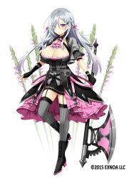 Rule 34 | 1girl, ascot, axe, black boots, black gloves, black skirt, boots, bow, braid, breasts, character request, cleavage, expressionless, eyes visible through hair, fingerless gloves, flower knight girl, full body, gloves, grey hair, grey thighhighs, hair bow, hair ornament, hair over one eye, hairclip, holding, holding axe, kurot, large breasts, long hair, looking at viewer, official art, pink ascot, purple bow, purple eyes, shiny skin, side braid, skirt, solo, striped clothes, striped thighhighs, thigh strap, thighhighs, vertical-striped clothes, vertical-striped thighhighs