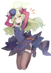1girl absurdres arms_up blue_archive blue_flower blue_rose brown_thighhighs commentary_request cosplay dagger dress flower full_body green_hair green_halo halo hat hat_flower highres hikari_(blue_archive) iwami_manaka knife legs_folded long_hair looking_at_viewer mola_mola off-shoulder_dress off_shoulder partial_commentary pointy_ears purple_shirt rabbit_pose rice_shower_(umamusume) rice_shower_(umamusume)_(cosplay) rose shirt solo thighhighs tilted_headwear umamusume voice_actor_connection weapon