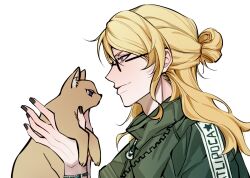 Rule 34 | 1boy, adam&#039;s apple, animal, animal ear fluff, animalization, arm up, black nails, blonde hair, blue eyes, bracelet, brown cat, brown fur, cat, closed mouth, collared jacket, commentary, daybit sem void, eye contact, fate/grand order, fate (series), from side, green jacket, hair behind ear, hair bun, hashtag-only commentary, highres, holding, holding animal, holding cat, jacket, jewelry, long hair, looking at another, male focus, nail polish, popped collar, purple eyes, ringed eyes, road darklight, simple background, smile, tezcatlipoca (fate), upper body, white background, zipper, zipper pull tab