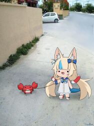 Rule 34 | 1girl, ahoge, animal ear fluff, animal ears, blonde hair, blue hair, cat ears, crab, dress, fins, fish girl, fish tail, frilled sailor collar, frills, highres, holding, holding leash, indie virtual youtuber, kaniki (sameko saba), leash, lifebuoy anklet, lifebuoy hair ornament, long hair, looking at viewer, low twintails, multicolored hair, paper boat, photo background, sailor collar, sameko saba, smile, streaked hair, tail, torororose, twintails, very long hair, virtual youtuber, white dress