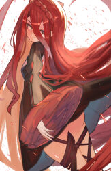 1girl black_dress blush bow braid breasts dress fate/grand_order fate_(series) hair_between_eyes highres long_hair long_sleeves looking_at_viewer looking_back red_hair roy_(roy_pomu) small_breasts smile solo thigh_strap thighs typhon_ephemeros_(fate) typhon_ephemeros_(second_ascension)_(fate) very_long_hair wide_sleeves yellow_eyes