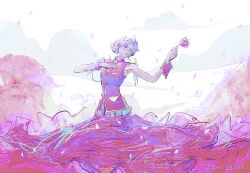 1girl bare_shoulders bindi breasts dated falling_petals flower glasses gold_trim hand_on_own_chest highres himemiya_anthy holding holding_flower medium_breasts parted_bangs petals purple_hair red_skirt red_vest red_wrist_cuffs short_hair shoujo_kakumei_utena skirt solo tassel tiara vest wavy_hair windychariot wrist_cuffs