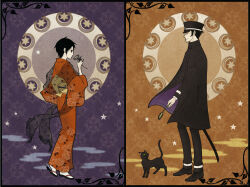 1boy 1girl black_border black_cat black_cloak black_eyes black_hair black_hat black_pants black_shoes border cat cat_teaser cloak closed_eyes crescent daidoji_kaya devil_summoner:_raidou_kuzunoha_vs_the_soulless_army devil_summoner_(series) enraku_(kemulily) floral_print floral_print_kimono flower from_side full_body gakuran gouto hat holding holding_flower japanese_clothes kimono kuzunoha_raidou orange_background pants peaked_cap plant print_kimono purple_background red_kimono sandals sash school_uniform shoes short_hair sideburns star_(symbol) taishou vines white_flower yellow_sash