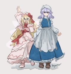 2girls apron blonde_hair blue_eyes blue_hair blue_skirt blue_vest hand_up hat highres koyane_(silver81106) letty_whiterock lily_white long_hair looking_at_viewer medium_hair mob_cap multiple_girls skirt touhou vest waist_apron white_apron