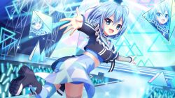 Rule 34 | 1girl, :d, ahoge, audience, black boots, blue eyes, blue hair, blue shorts, blue skirt, blue thighhighs, boots, breasts, catwalk (modeling), concert, crop top, dot nose, double-parted bangs, film grain, fishnet sleeves, fishnet thighhighs, fishnets, from behind, game cg, glowstick, izumi tsubasu, lens flare, long sleeves, looking at viewer, looking back, medium breasts, midriff, mismatched thighhighs, nakano rinka, non-web source, official art, open mouth, outstretched arm, outstretched hand, pointing, prism, re:stage!, screen, short hair, shorts, shorts under skirt, skirt, smile, solo, sparkle, stage, stage lights, stairs, standing, standing on one leg, thighhighs, twisted torso
