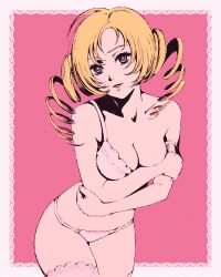 1girl blonde_hair blue_eyes bra breasts catherine_(atlus_character) catherine_(game) cleavage collarbone commentary drill_hair embroidered_legwear embroidered_panties english_commentary lingerie looking_at_viewer medium_breasts moshimoshibe panties parted_lips pink_background pink_bra pink_panties solo twin_drills underwear underwear_only
