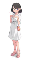 1girl bag black_hair dress earrings flying_sweatdrops full_body highres jewelry looking_at_viewer original own_hands_together pink_shoes purple_eyes saiste shoes short_hair shoulder_bag simple_background smile solo standing white_background white_dress