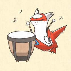 &gt;_&lt; :3 absurdres beamed_eighth_notes canvas_texture drum drumsticks eighth_note gen_3_pokemon hatoro_kuroyoshi highres holding holding_drumsticks instrument latias legendary_pokemon music musical_note nintendo no_humans pokemon pokemon_(creature) quarter_note timpani