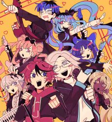 4boys 4girls :d :o absurdres amemiya_darumi aotsuki_eito ariminasan black_nails blonde_hair blue_hair blush_stickers clenched_hand commentary dark-skinned_female dark_skin english_commentary eyepatch glasses grey_eyes grey_hair guitar highres holding holding_microphone holding_microphone_stand instrument kawana_tsubasa keyboard_(instrument) kirifuji_nozomi looking_at_another microphone microphone_stand multicolored_hair multiple_boys multiple_girls omokage_yugamu one_eye_closed open_mouth pink_eyes pink_hair pointing purple_eyes purple_hair ringed_eyes roots_(hair) single_blush_sticker smile sumino_takumi teeth the_hundred_line_-last_defense_academy- tower_records tsukumo_ima tsukumo_kako upper_teeth_only yellow_background