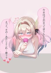 1girl absurdres bare_shoulders black_hairband blue_eyes blush breasts colored_speech_bubble condom condom_wrapper firefly_(honkai:_star_rail) gradient_hair green_hair grey_hair hairband heart highres holding holding_condom honkai:_star_rail honkai_(series) large_breasts long_hair looking_at_viewer memeiradesuyo multicolored_eyes multicolored_hair purple_eyes shirt sleeveless sleeveless_shirt solo speech_bubble translation_request two-tone_eyes two-tone_hair white_shirt