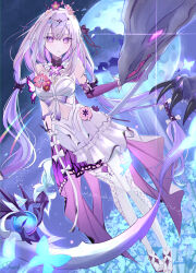 1girl absurdres bare_shoulders black_tiara breasts bright_pupils broken_moon butterfly_ornament castorice_(honkai:_star_rail) clothing_cutout commentary_request dragon dragon_claw dress elbow_gloves floating_hair full_body gloves hair_ornament highres holding holding_scythe holding_weapon_behind_back honkai:_star_rail honkai_(series) k_o_m_i legwear_cutout long_hair looking_at_viewer low-tied_long_hair low_twintails medium_breasts moon navel_cutout netherwing_(honkai:_star_rail) parted_lips pointy_ears purple_eyes purple_gloves purple_hair scythe signature thighhighs tiara twintails very_long_hair white_dress white_pupils white_thighhighs