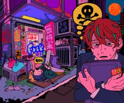 Rule 34 | 2boys, :o, arisugawa dice, artist name, bag, bags under eyes, black eyes, black jacket, black shirt, blue hair, bone, bug, building, can, cardboard, city, city lights, closed eyes, clothes lift, coat, cockroach, collared shirt, colorful, commentary request, condenser unit, cracked ceiling, drink can, energy drink, english text, fang, fingernails, fish skeleton, frown, full body, fur-trimmed coat, fur trim, gachimask, graffiti, green coat, hair between eyes, highres, holding, holding bag, homeless, hood, hooded coat, hugging object, hypnosis mic, image in thought bubble, industrial pipe, insect, jacket, kannonzaka doppo, leg up, long sleeves, looking down, lying, male focus, male underwear, male underwear peek, medium hair, messy hair, middle finger, midriff peek, moon, mouse (animal), multicolored hair, multiple boys, navel, nervous sweating, night, on back, open clothes, open coat, open mouth, outdoors, pants, pink male underwear, pinstripe pattern, pinstripe shirt, plastic bag, red hair, red moon, road, rust, salaryman, saturated, shaded face, shirt, shirt lift, short hair, sign, skull and crossbones, sleeping, speech bubble, spread legs, sticker, streaked hair, street, striped clothes, striped male underwear, striped shirt, suit jacket, sweat, thought bubble, trash bag, two-sided coat, two-sided fabric, u u, underwear, upper body, very sweaty, white pants