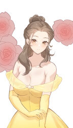 1girl animification beauty_and_the_beast_(disney) belle_(disney) breasts brown_eyes brown_hair chibi_vanille dress earrings elbow_gloves gloves highres jewelry long_hair looking_at_viewer ponytail smile solo yellow_dress
