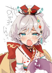 1girl aqua_eyes blush bowl commentary_request crying crying_with_eyes_open detached_sleeves grey_hair holding holding_bowl ito_ryo japanese_clothes looking_at_viewer open_mouth princess_connect! resplendent_phoenix_(shadowverse) short_hair simple_background single_bare_shoulder solo tears translation_request upper_body white_background white_sleeves